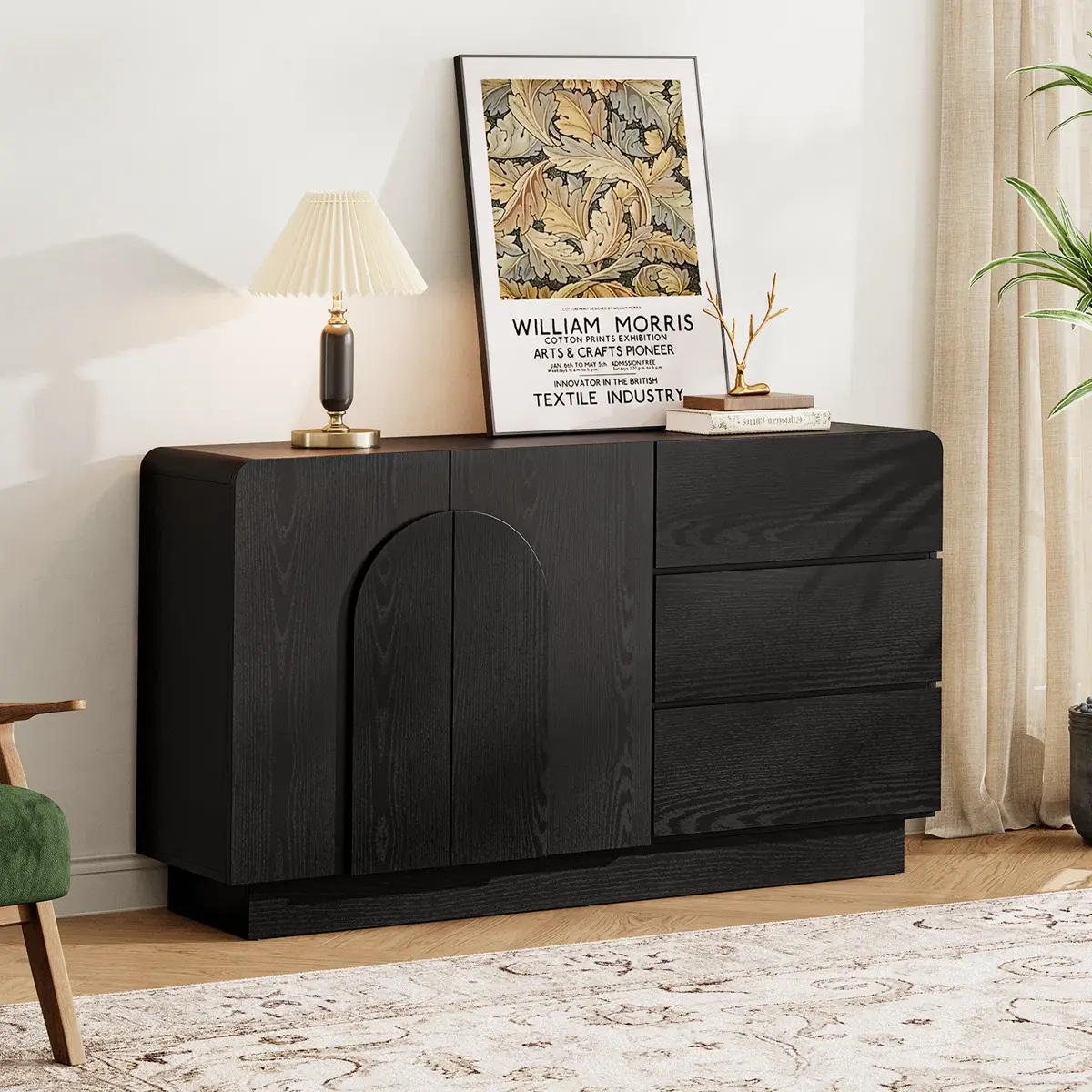 【DealsforYouDays】ONBRILL 55" Buffet Sideboard Cabinet with Storage, Curved Sideboard Cabinet with 3 Drawers and 2 Doors, Buffet Cabinets with Adjustable Shelf, Coffee Bar Console Table for Kitchen, Entryway