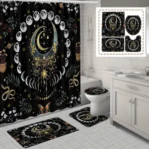 Mystic Moon Phases Pattern Bathroom Set, 1 Shower Curtain & 1 Bath Mat & 1 U Shaped Rug & 1 Toilet Lid Cover, Bathroom Accessories for Home Decor