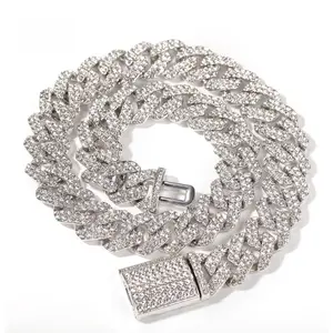 18mm Silver Cuban Chain Rock Punk Full Diamond Alloy Metal Necklace