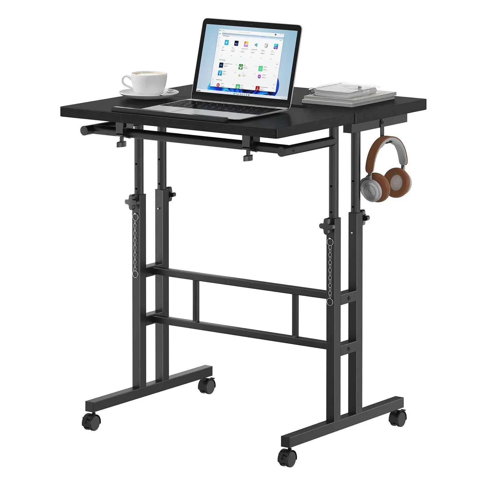 Rolling Standing Desk with Cup Holder & Tablet Slot, 23.6 Inch Split Top Mobile Laptop Desk, Manual Adjustable Height Workstation on Wheels for Walking Pad Study
