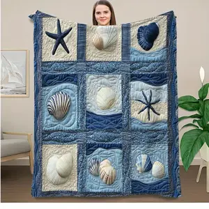 Vintage Nautical Flannel Blanket Starfish Seashell Patchwork Soft Throw For Sofa Bed Coastal Aesthetic Beach House Decor Gift For Beach Lovers All Season