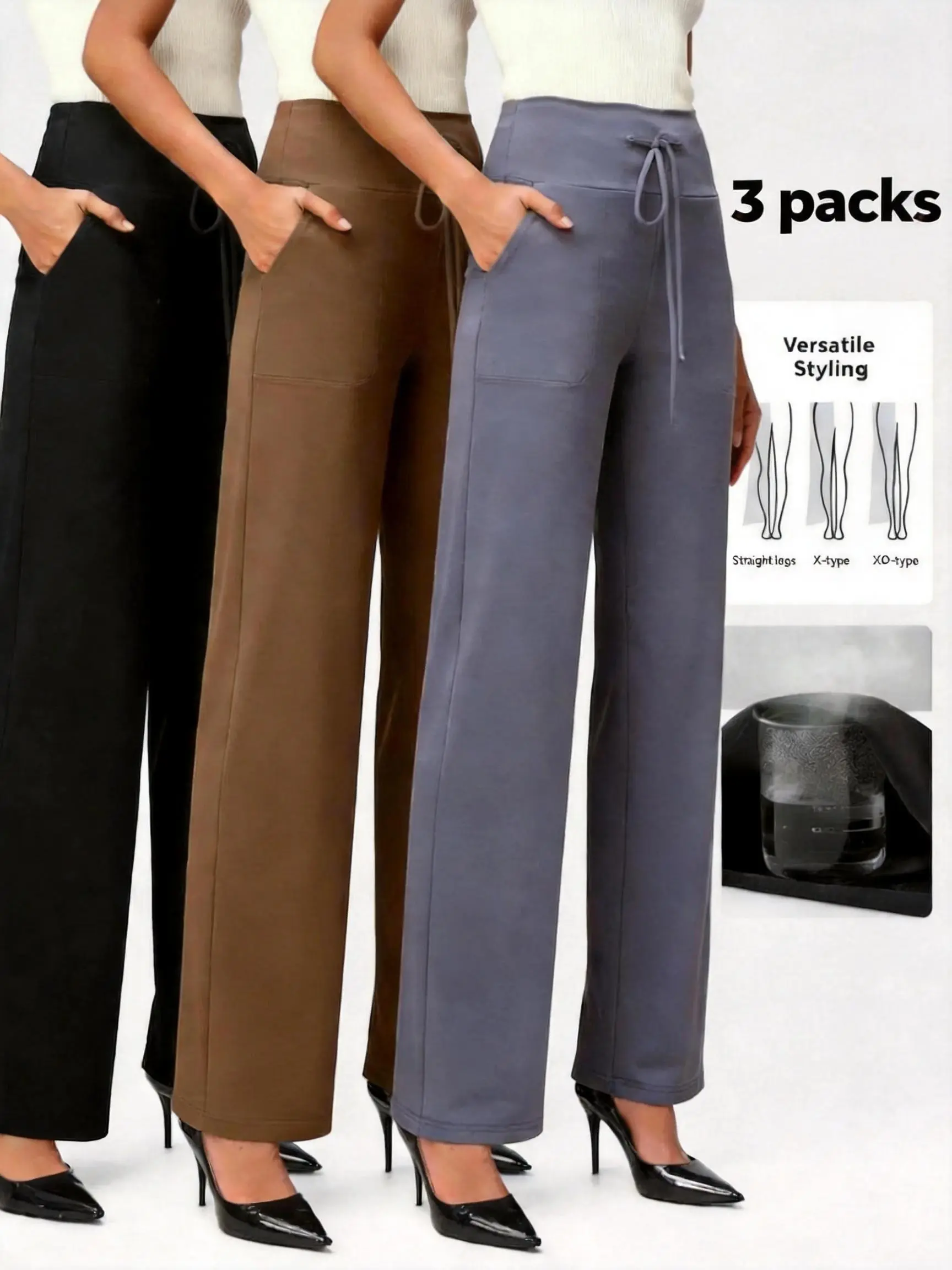 NunuFlex 3-Pack Women's High-Waist Wide Leg Comfy Pants, Soft Stretch Loungewear Bottoms with Pockets and Drawstring, Nightwear, Below Ankle, Durable