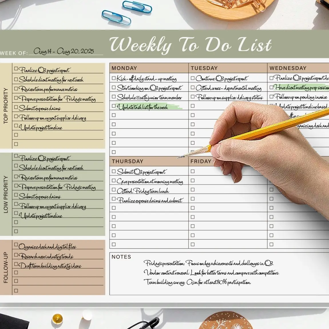 1pc A4 Weekly To-Do List Productivity Planner, Weekly Planner Notepad, Undated Desk Pad Organizer with Top & Low Priority, Follow-Up, Checklist, and Notes, Perfect for Home, Office, and School Task Management, School & Office Supplies