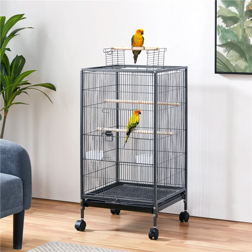 Yaheetech 40-Inch Durable Iron Rolling Metal Bird Cage with Rolling Stand, Open-Top & Dowel Perch for Small Birds, Parakeet Cages, Durable Iron Cage