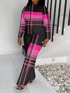Plus Size Women's Casual Striped Print Set Loose Wide-leg Pants Standard Fit No Belt Required Perfect For Spring Summer And Autumn Series