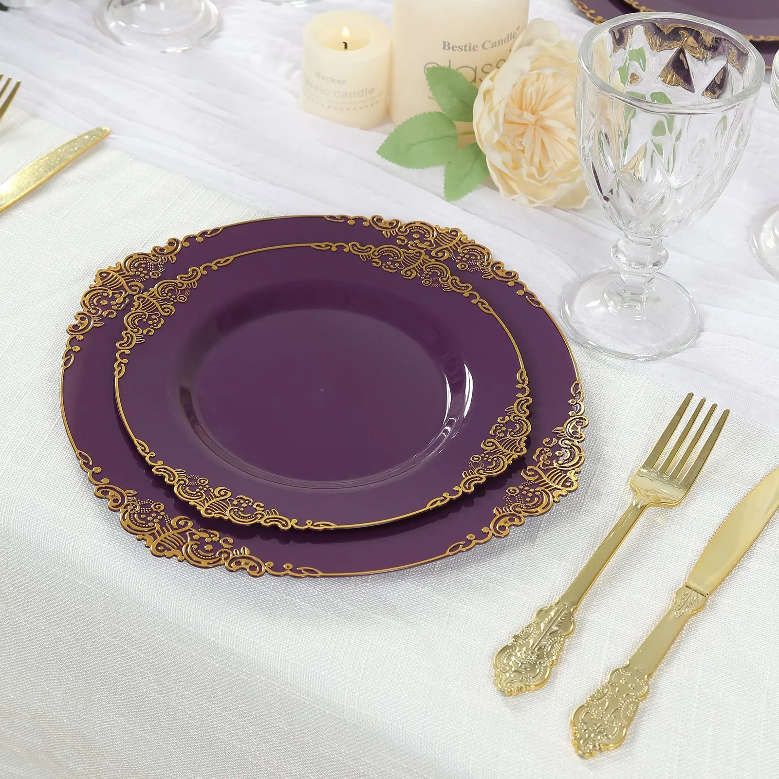 Disposable Plates 10-Pack, 8in Round Plastic Elegant Floral Plates - Purple with Gold Leaf Embossed Rim, Vintage Baroque Style, for Wedding, Party, Salad Use
