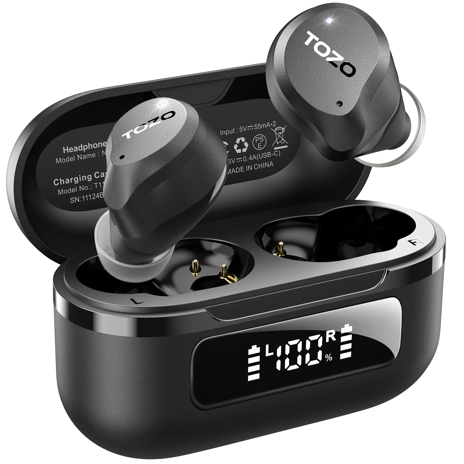 TOZO 2024 NC9 Wireless Earbuds - Hybrid Active Noise Cancellation Headphones, ENC Microphone, IPX8 Waterproof, Bluetooth 5.3, Deep Bass, Cool Gadgets, Dark Black, Charging Case, Father's Day Electronic Gift, Earbuds Wireless