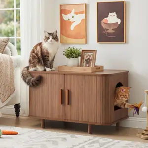 Giratree Cat Litter Box Enclosure Furniture, 35.5" Wooden Sliding Door Hidden Litter Box Cabinet, Modern Cat Litter Box Furniture, Walnut Furniture Cat Litter House TV Stand for Living Room