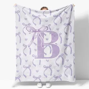 Purple Bow Throw BlanketPersonalized Initial R Soft Fluffy Cozy Flannel Blanket Monogrammed Gifts for Daughter Women Teen Girls Customized Blanket for Bedding Bedroom Office 60*80inch Inches Single Sided Lightweight Blanket