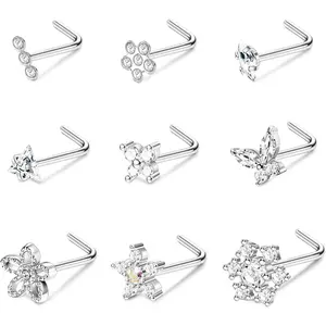 Milacolato 9-Piece 20G Surgical Steel L-Shaped Nose Piercings Body Jewelry Set, 7mm Geometric Bling CZ Snowflake Star, Triple Linear Gem Ball Round CZ Nose Studs