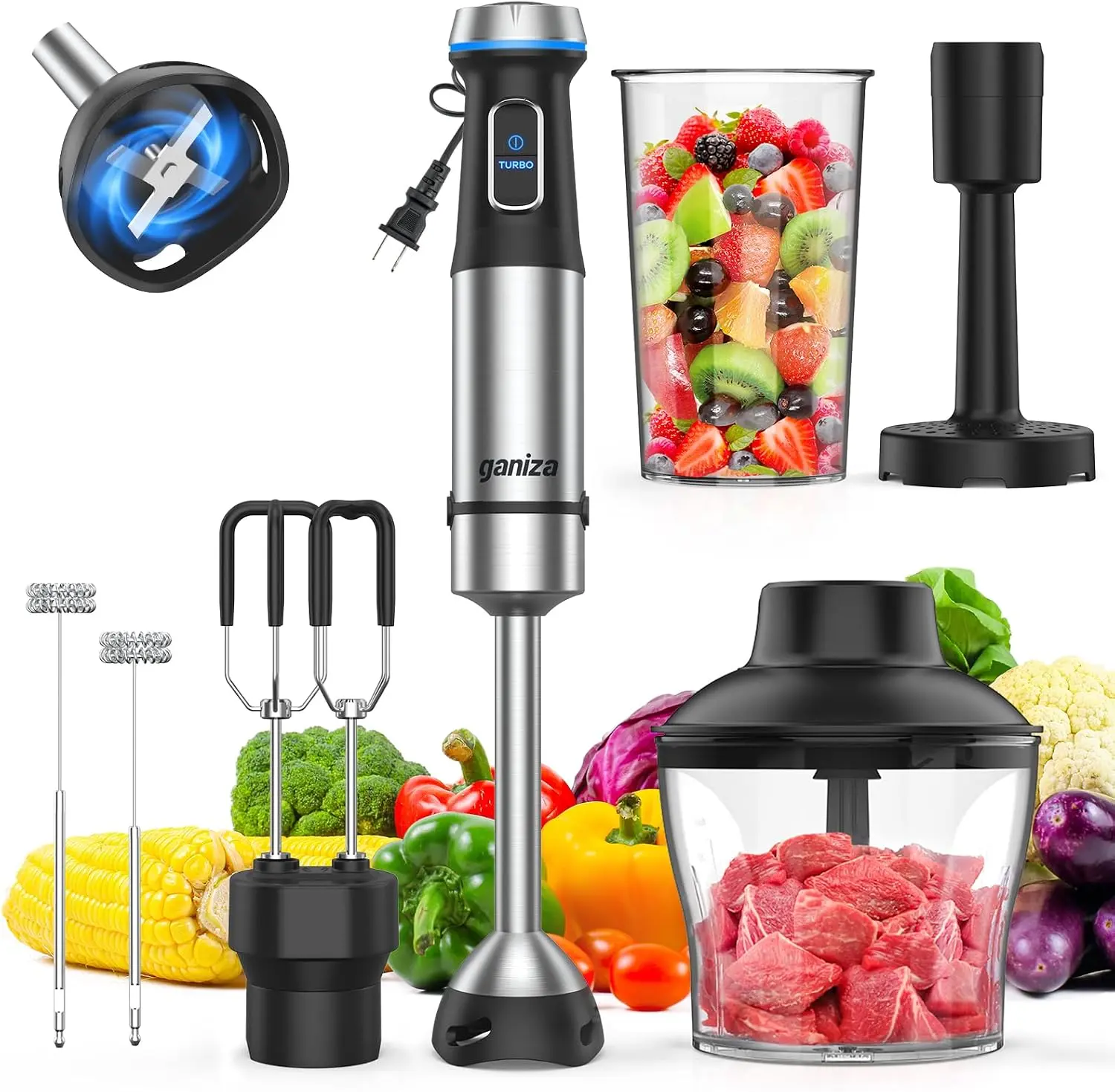 6-in-1 Corded Handheld Immersion Blender - Stainless Steel Blade, 15 Speed Electric Stick Blender, 800ml Mixing Beaker, 600ml Chopper, Whisk, Frother, Potato Masher