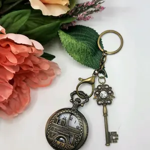 Paris Pocket Watch Keychain Antique Bronze Style with Large Gem Key Metal