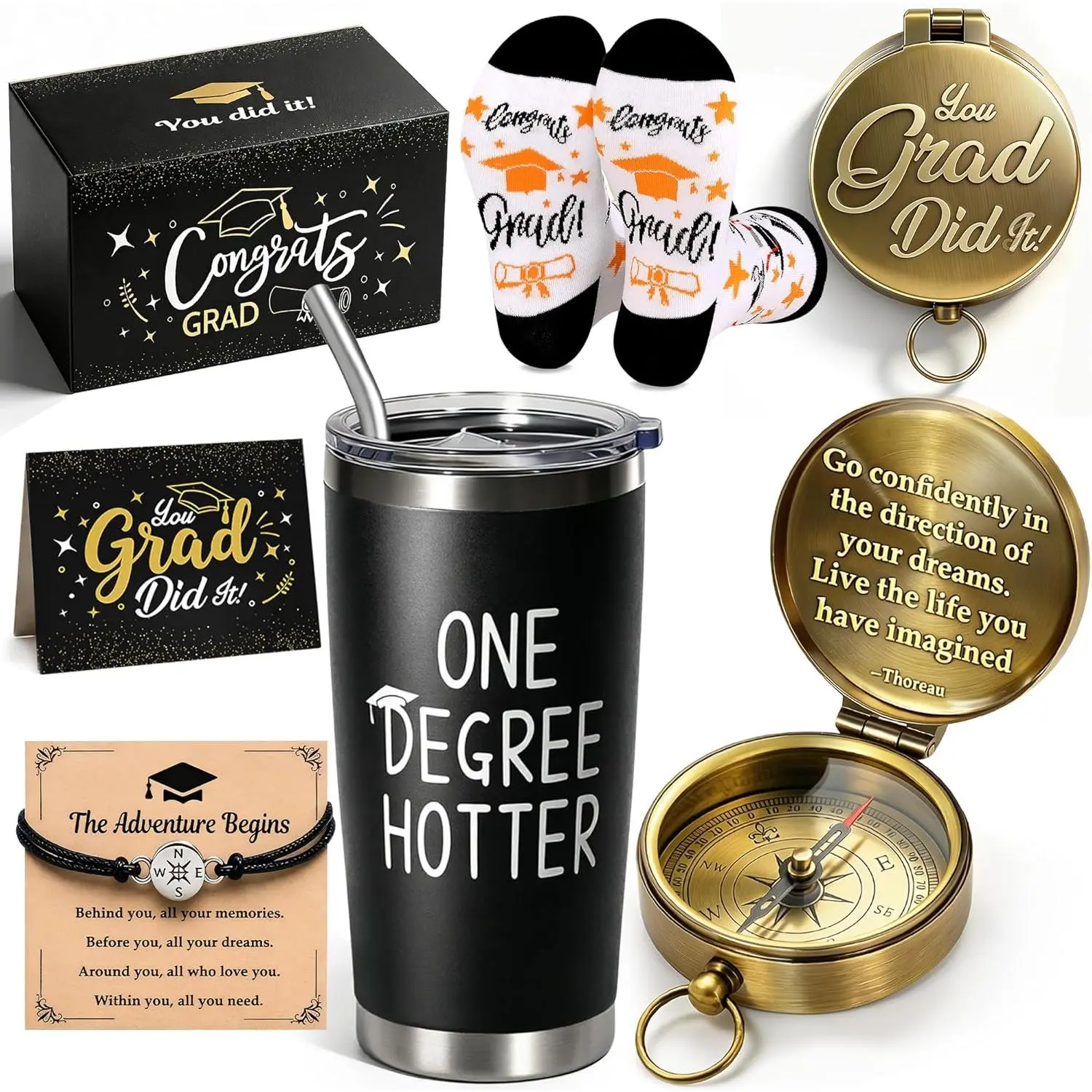 2026 Graduation Gifts, Class of 2026 Gifts for Him, College & High School Graduation Gifts Box with Compass Tumbler Bracelet Socks Thanks Card for Graduates Gifts Supplies