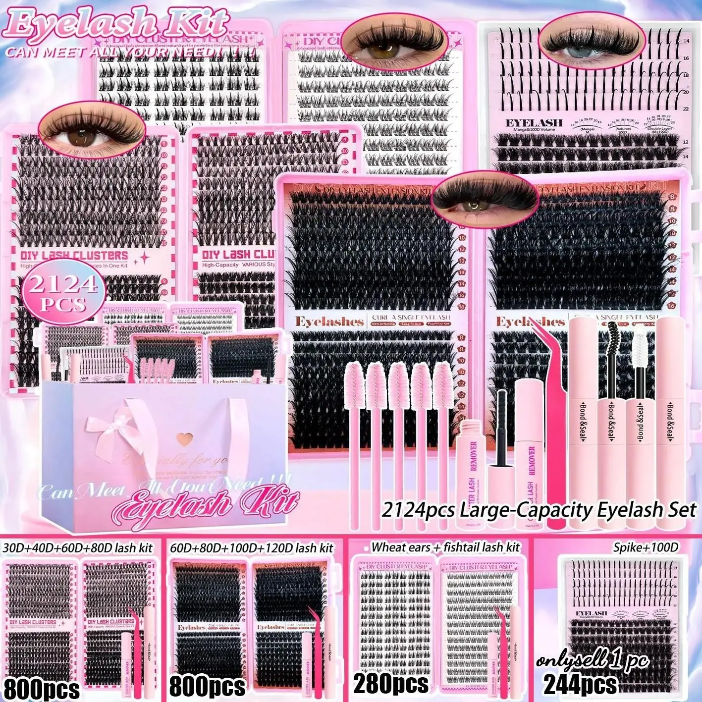 2124 pcs Lash Extension Set, Dramatic Volume Eyelash Mixed-Style D-Curl DIY Individual Lashes 30D–120D, Spike Lashes 9–18 mm with 2 Bond and Seal, Remover, Tweezers and 5 Brushes, Easy for Beginners, DIY Volume Eyelashes