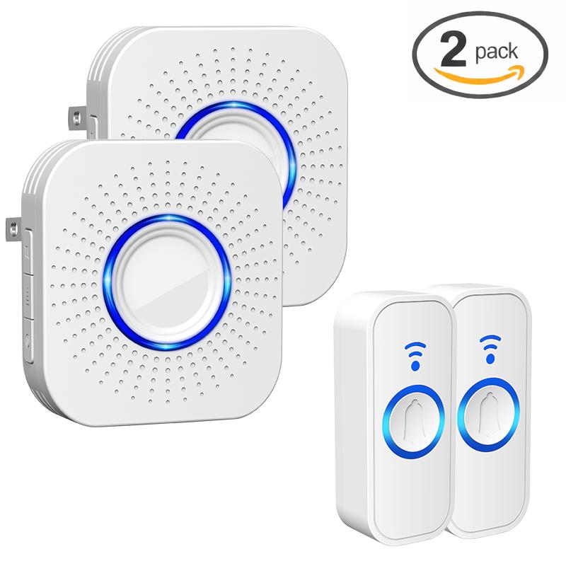 【2 Packs】Wireless Door bell, Mini Doorbell IP55 Waterproof, 1,000ft Range 110dB Mute Mode 32 Door Chime,high-volume of 5 Volume Adjustment levels,Colorful LED Flashing and Silent Function, Safety for Home Office Teachers & Hearing-Impaired.