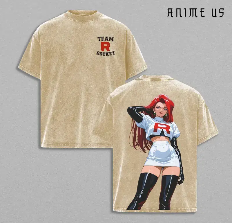 Unisex Menswear Oversized Graphic Top - Retro Limited Team Rocket x Jessie V2 90s Anime Kanto Villains Aesthetic Heavyweight Cotton Washed Double-Printed Manga Merch Tee, Shortsleeve