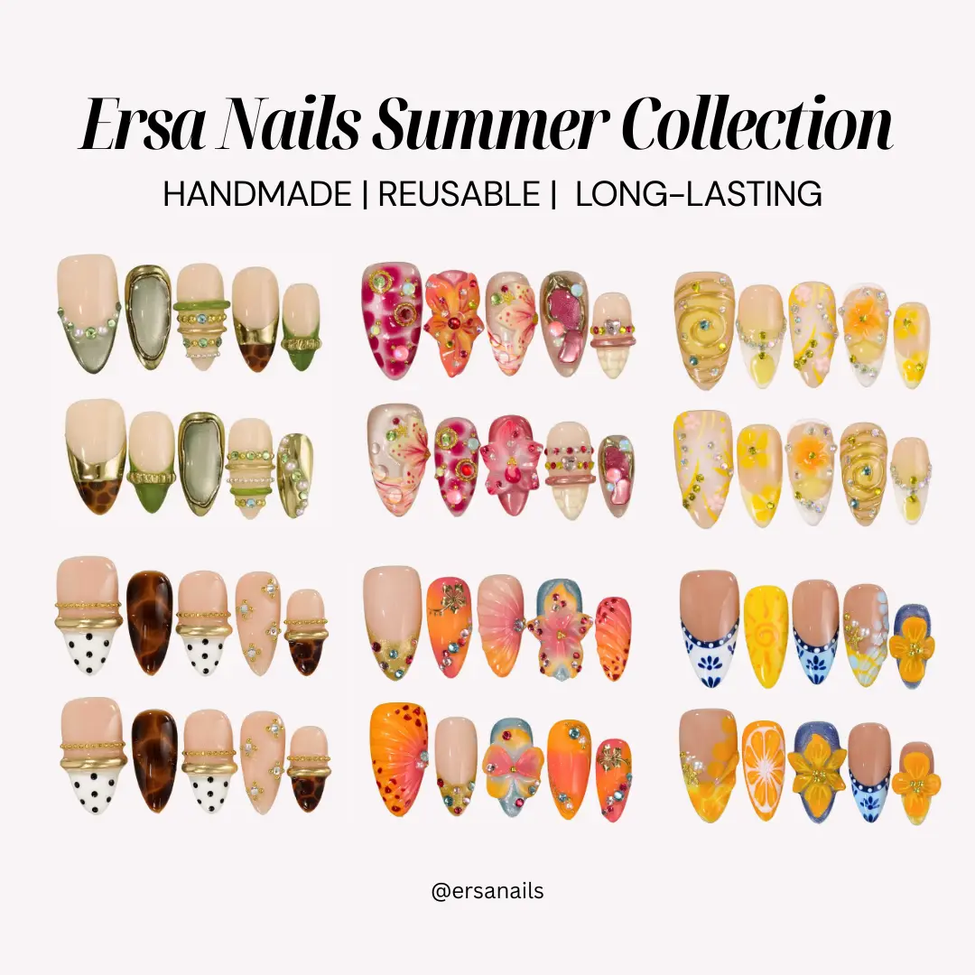 ErsaNails SUMMER Collection – Handmade Press-On Nails 10PCS | Acrylic, Reusable, Salon-Quality, Long-Lasting, Glossy Design Glossy Fake Nails