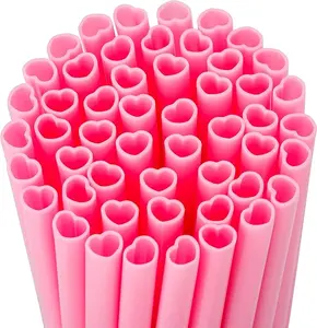 50 pcs Pink Heart Shaped Disposable Straws- Plastic Drinking Cute Straw for Valentines Day Cocktail Birthday Party Bridal Shower Wedding Supplies, Individually Wrapped, Pink