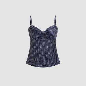 Cider Sweetheart Neckline Polka Dot Lace Trim Knotted Cami Top