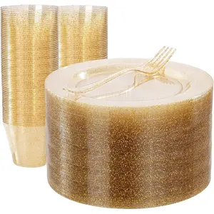 150PCS Gold – Gold Glitter Disposable Dinnerware Set for 50 Guests (7.5" Dessert), Includes 50, 50 Cups & 50 for Wedding & Birthday Tableware