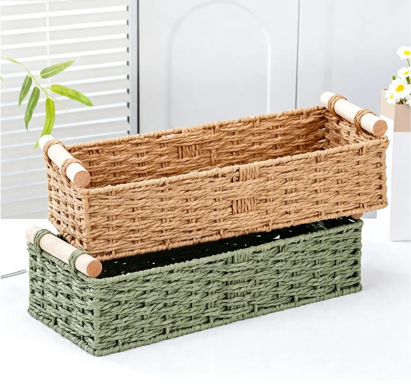 Rectangular Woven Storage Basket with Wood Handles