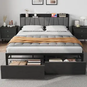 Garvee Full Size Bed Frame with 2 Storage Drawers, Industrial Full Platform Bed with Upholstered Headboard and Charging Station, No Box Spring Needed, Black