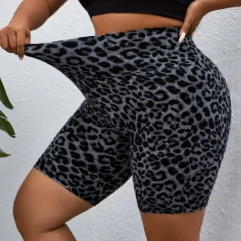 Women's Plus Size High Waist 4-Way Stretch Cheetah Print Polyester Athleisure Shorts with Pockets - Active Female Biker Cut, Ready for Gym, Yoga, Casual Walks