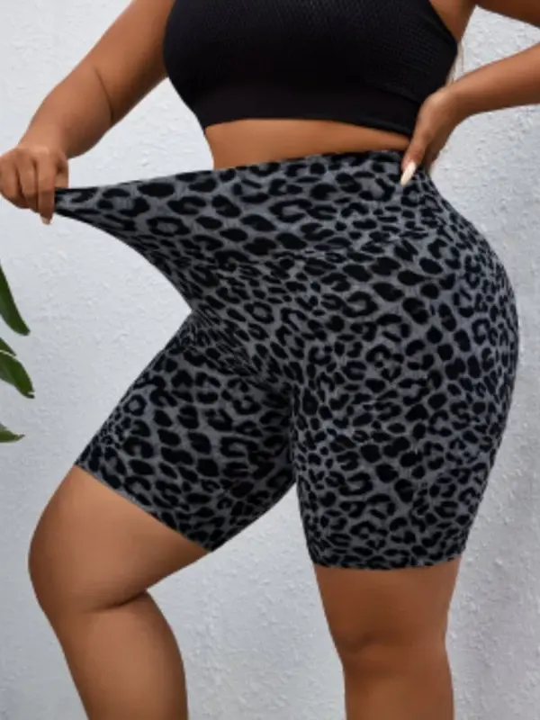 Plus Size High Waist Stretchy Leopard Print Athletic Shorts with Pockets Workout Shorts for Women Biker Short Set,travel essentials,camping essentials