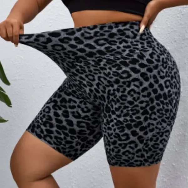 Women's Plus Size High Waist 4-Way Stretch Cheetah Print Polyester Athleisure Shorts with Pockets - Active Female Biker Cut, Ready for Gym, Yoga, Casual Walks