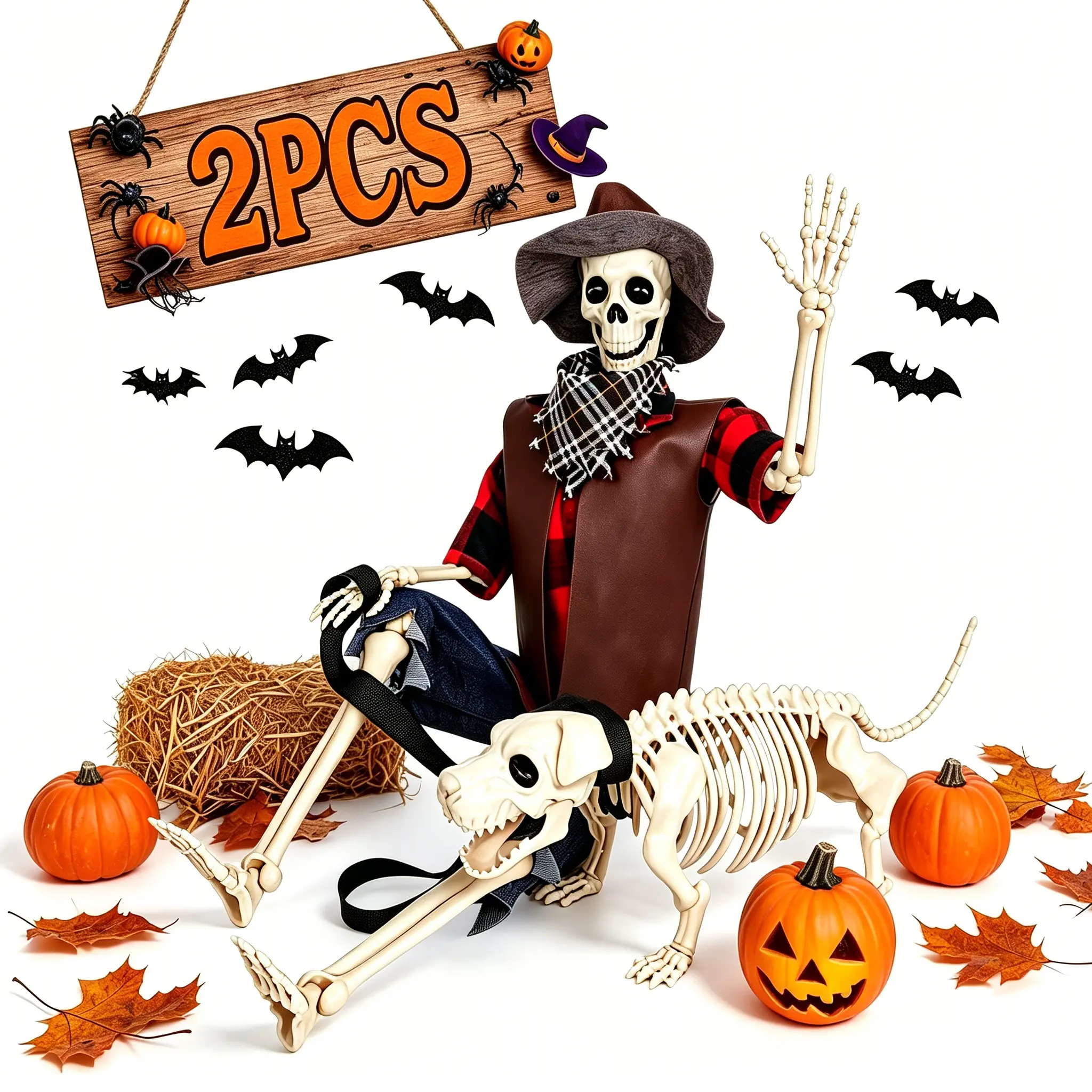 36inch Skeleton Halloween Decorations, Full Body Poseable Skeleton Decor & Dog, Creepy Halloween Western Cowboy Themed Set, Plastic Skeleton Featuring Movable Joints, Indoor Outdoor Yard & Party Decor
