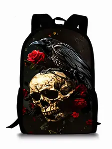 Crow Skull Red Rose Print Single-layer Backpack