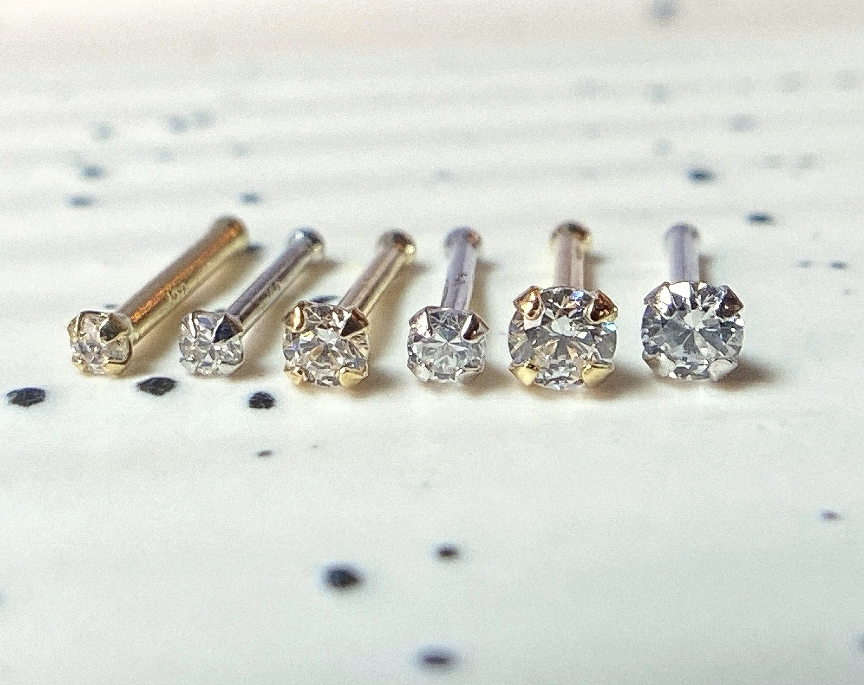 14kt White or Yellow Gold Clear Gem Nose Stud, 18 gauge (18g) or 20 gauge (20g)