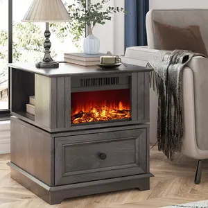 Rotating NightStand with 13" Electric Fireplace Screens, End Table with Fast Charging Station, Electric Fireplace Sofa Table with Storage, Wooden Side Table for Living Room, Bedroom, Office