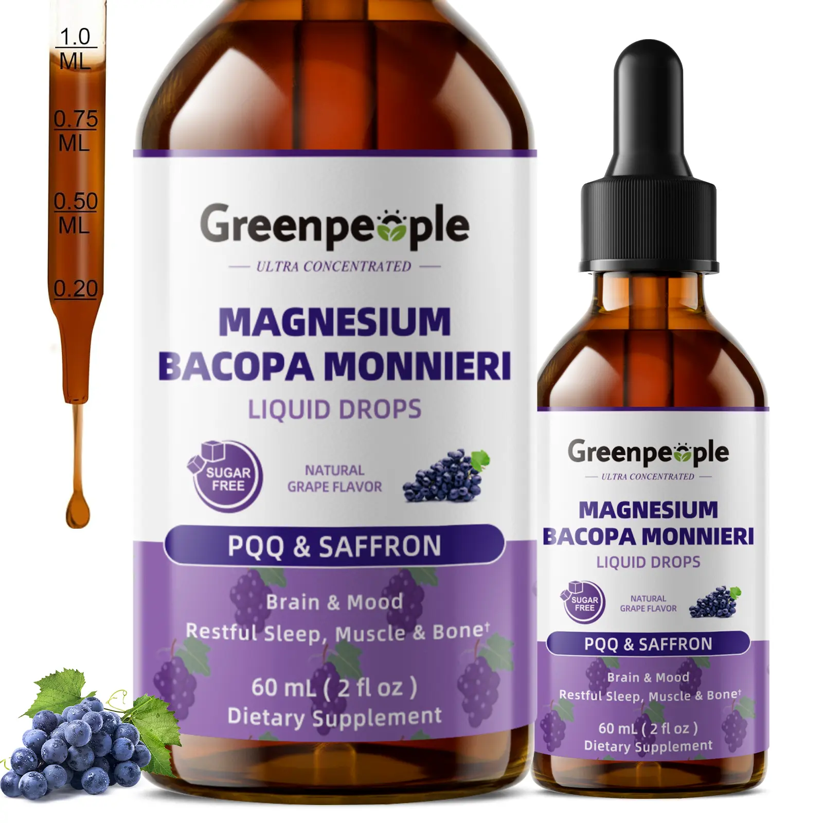 GREENPEOPLE Magnesium Glycinate Liquid Drops - 4-in-1 High Absorption Liquid Magnesium for Sleep with Saffron, GABA & Bacopa | Fast-Acting, Bone, Muscle & Sleep | Sugar-Free Grape Flavor, 2fl Oz Vegan