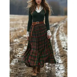 Plaid Flared Long Dress Vintage V-neck Long Sleeve Pastoral Style Dress Can be used with raincoat