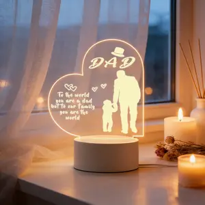 Dad Quote Acrylic Heart Night Light, "To The World You Are A Dad" LED Lamp with Father & Child Silhouette, USB Powered Warm Glow Decorative Light, Sentimental Gift for Dad, Father's Day, Birthday, Bedroom Home Decor