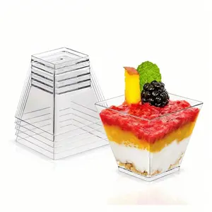 50 Plastic Dessert Cups, Small Square Transparent Jelly Cups, Reusable Mini Appetizer Bowls, Yogurt Parfait Cups for Mousse Cake Parties Weddings