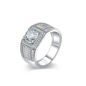 Luxury Silver Tone Square Halo Ring for Men, Sparkly Round Cut CZ Statement Signet Ring with Baguette Side Accents, Elegant Wedding Party Anniversary Jewelry Gift