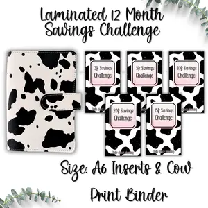 Cow Print Binder with Savings Challenge Bundle - A6 Size Includes 12 Laminated Sheets & 6 Clear Envelopes for 3k 5k 10k 15k Goals