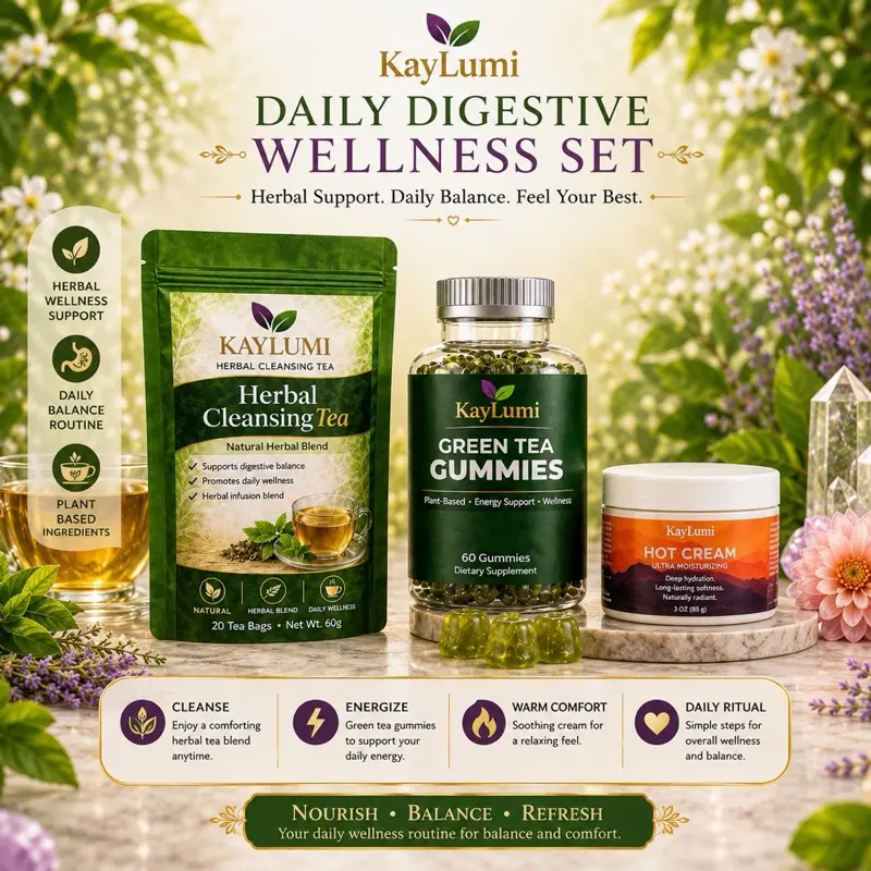 KayLumi Daily Balance Wellness 3-Piece Herbal Cleansing Tea, Green Tea Gummies, and Hot Cream,