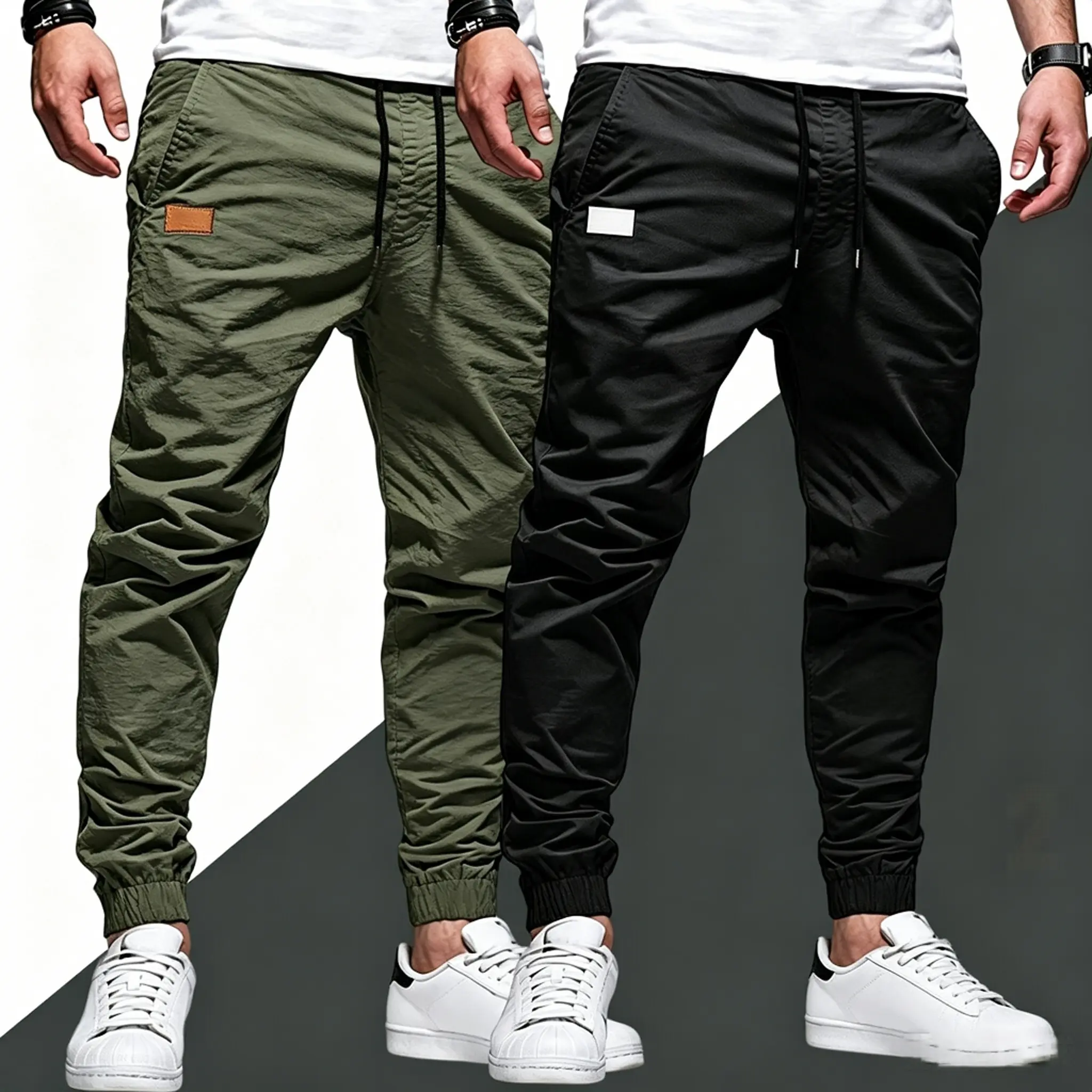Men's 2-Pack Solid Fitted Athletic Pants for Work & Casual Wear with Drawstring Waist, Pockets & Leather Detailing, Work‑To‑Outdoor