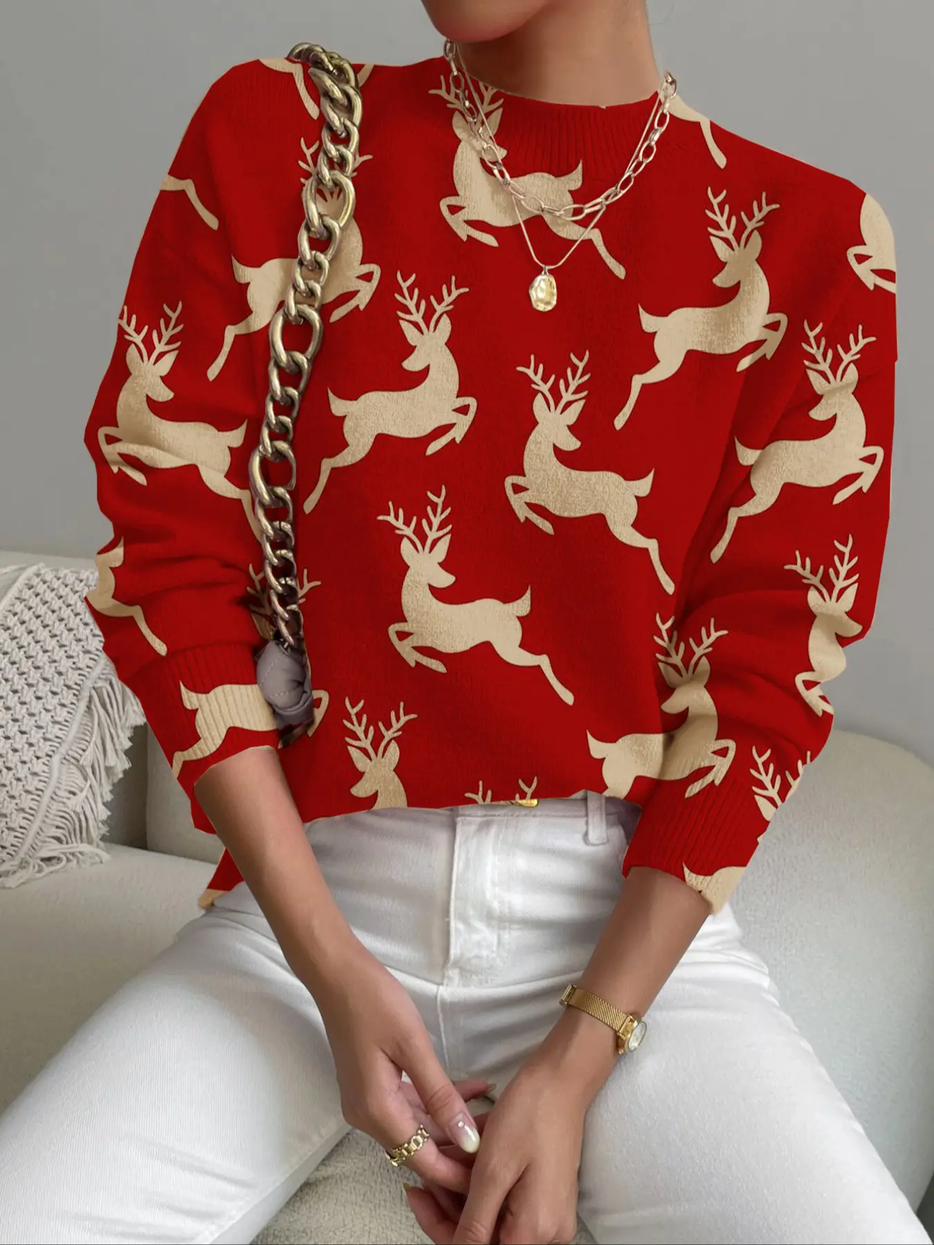 Women's Christmas Deer Print Stand Collar Sweater, Fall Winter Casual Long Sleeve Knitwear, Comfortable Holiday Clothing