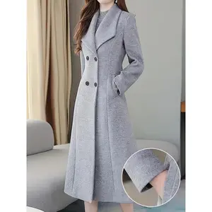 Women’s double-breasted lapel longline overcoat with elegant long sleeves and pockets; simple slim design for fall and winter; chic women’s polyester outerwear that can be worn with a raincoat.
