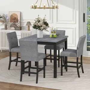 5-Piece Modern Counter Height Dining Table Set, Wooden Construction Square Wood Table with 4 Upholstered High-Back Chairs and Footrest Stools, Black