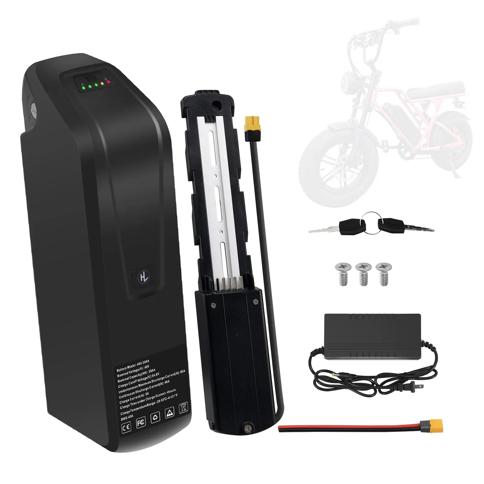 48V 20AH Longer Ebike Battery - 3A Fast Recharge, 40A BMS, Rain-Proof Casing, Keys, 0-1800W Motor Compatibility for Electric Bikes & Motorcycles