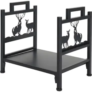Firewood Log Rack, Small Iron Lumber Storage Holder, Wood Pile Stacker Organizer for Indoor Outdoor Fireplace Fire Stove Pit With Elk Christmas Elements Black