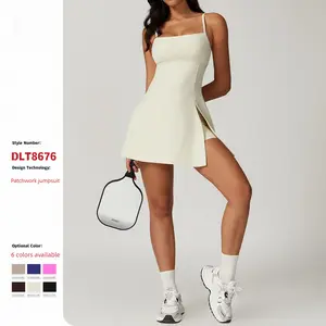 Women's 2-Piece Anti-Light Breathable Athletic Tennis Dress Set - Chest Pad, Backless Halter Crop Top, Tie-Front Bra, Baggy Gym Shorts, High-Waist V-Flare Leg Pants, Sporty Chic Dress for Tennis, Golf