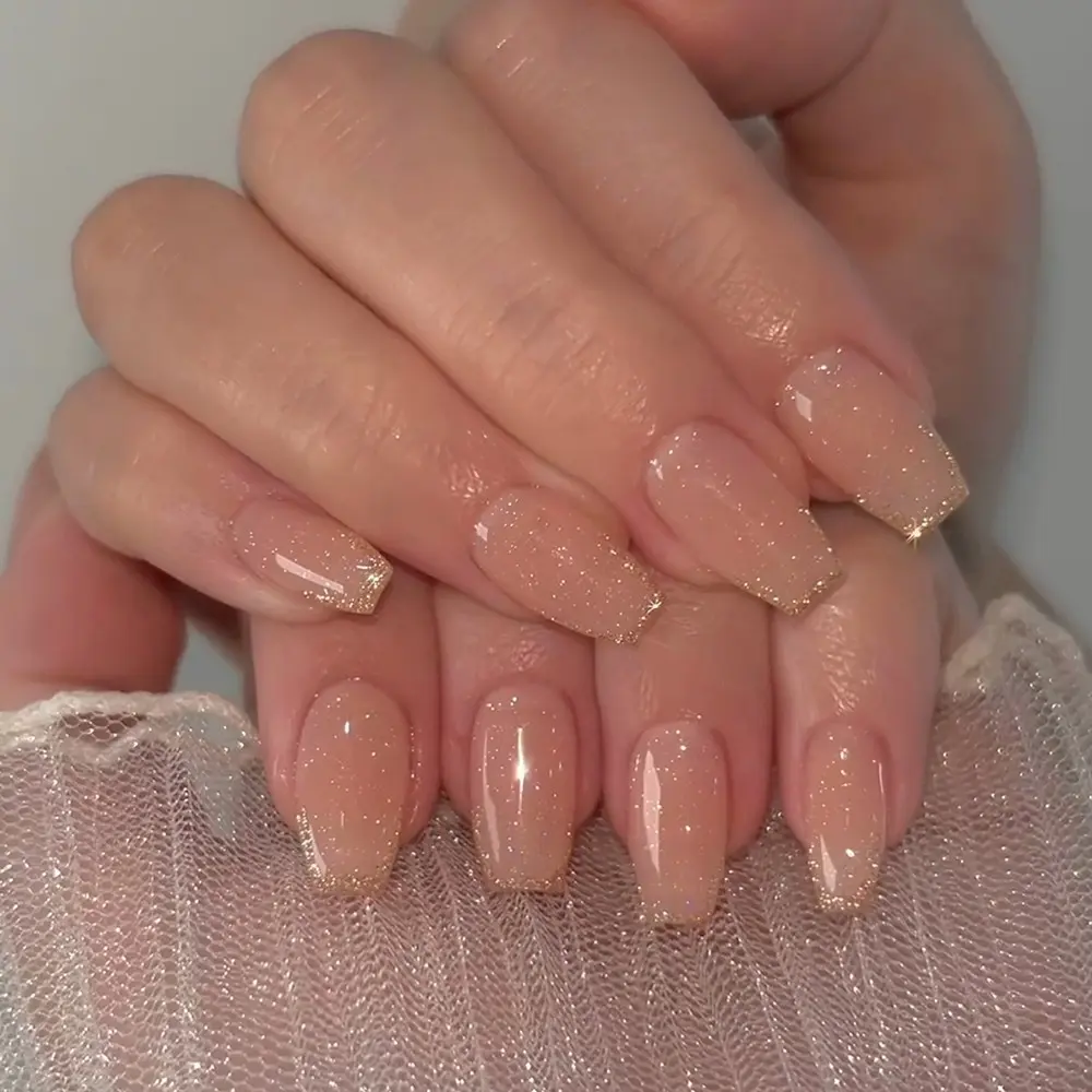 Glitter Design Fake Nail Set, 24pcs French Style Short Square False Nails for Women & Girls, Removable Nail Art Artificial Full Cover, Women Girls DIY Manicure, Glittering Fake Nails, Glitter Decorative Nails