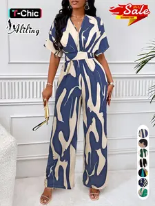 Women's Elegant Loose-Fit V Neck Short Sleeve Romper, Woven Fabric Wide Leg Pants, All Season Fashionable One-Piece Womenswear