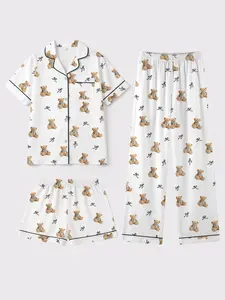Women's Sleepwear Pajama 3-Piece Set, Short Sleeve Shorts Long Pants, Bow Bear Pattern, Loose Fit Comfortable Night Home Wear, Soft Fabric, Casual Daily Use, Loungewear